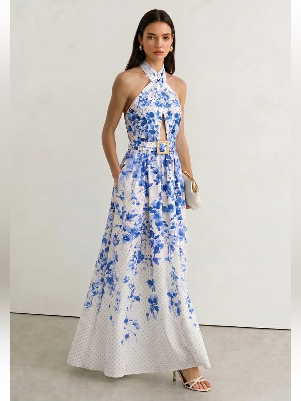 Commense Blue & White Floral Halter Maxi Dress with Belt Medium